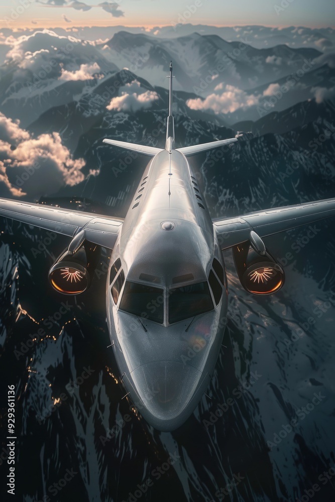 Poster a large airplane flies over a mountain range with snow-capped peaks and valleys