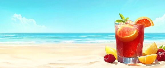 Obraz premium Refreshing citrus drink with raspberries on the beach.