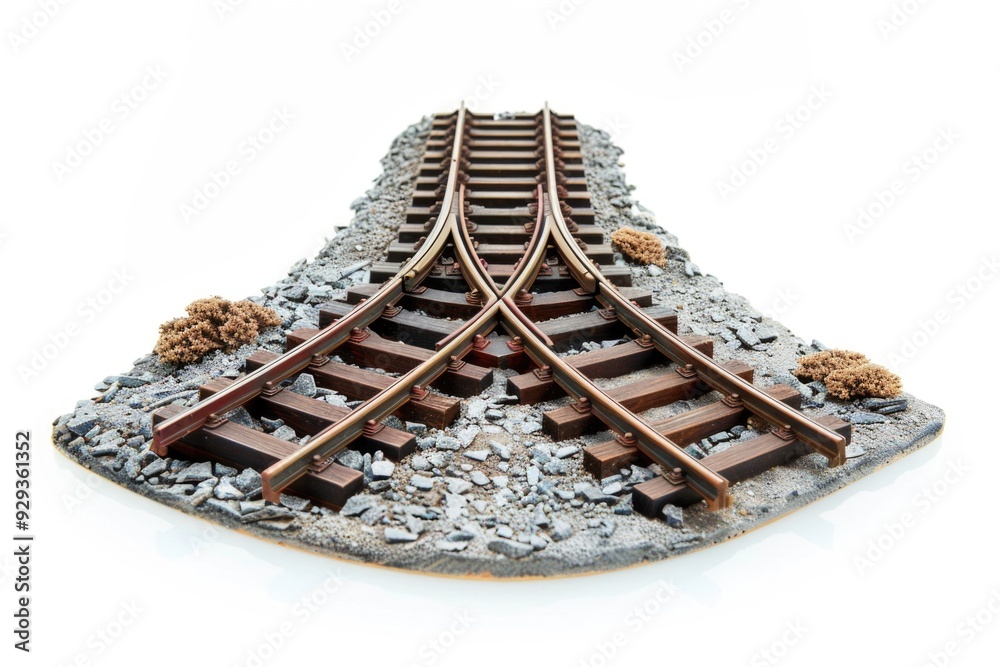 Poster close-up view of a train track on a white surface, suitable for use in illustrations or designs abou