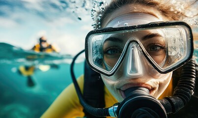Portrait of a Woman in Diving Suit and Gear Swimming Underwater in Open Ocean