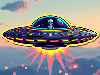 ufo in the sky flying saucer spaceship with Alien inside