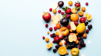 Vibrant assortment of fresh fruits on a light blue background, showcasing apples, oranges, berries, and more in a delightful arrangement.