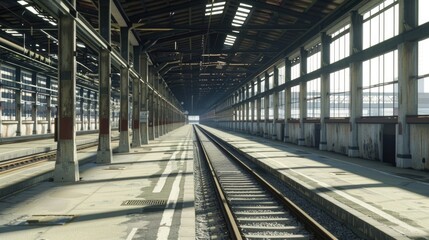 A train station with a train waiting at the platform