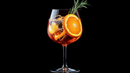 A glass of chilled wine Orange slices and a rosemary branch are used to garnish the wine glass that holds the Aperol spritz beverage. Black background. 