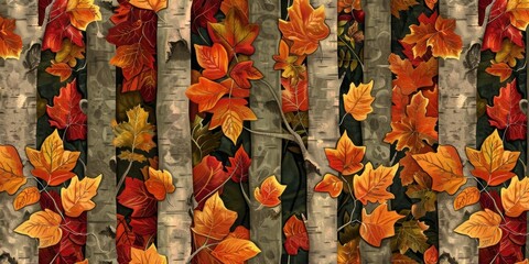 pattern of autumn trees, each leaf with its own unique texture and color, creating an intricate tapestry that captures the beauty of fall foliage in vibrant hues Generative AI