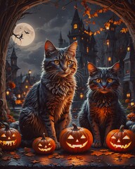 Fototapeta premium Halloween background with pumpkin and cats.