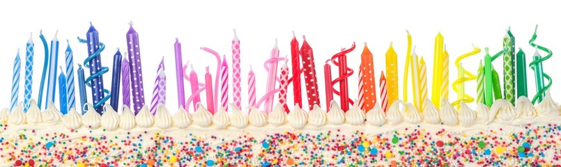 Homemade birthday cake decorated with colorful rainbow sprinkles and white icing topped with...