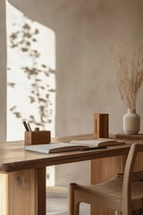 Wooden work space, soft colors, remote working