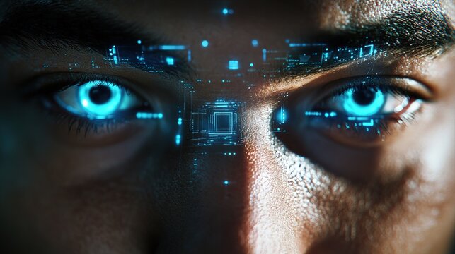 Closeup of a man's eyes with digital hologram overlays, showing a biometric security scan and identity recognition technology
