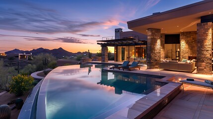 A luxurious modern home with a stunning pool and sunset view in a desert landscape.