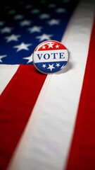 Vote button pin, in red white and blue of the United States America on American flag. To encourage...