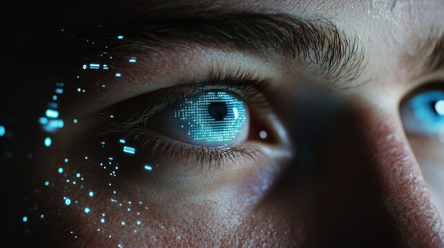 Closeup of a man's eyes with digital hologram overlays, showing a biometric security scan and identity recognition technology