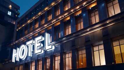 Obraz premium Exterior view of a modern building for tourists and guests. The facade of a luxury hotel building at night, illuminated by a text sign.