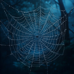 Naklejka premium spider web with dewdrops in forest
