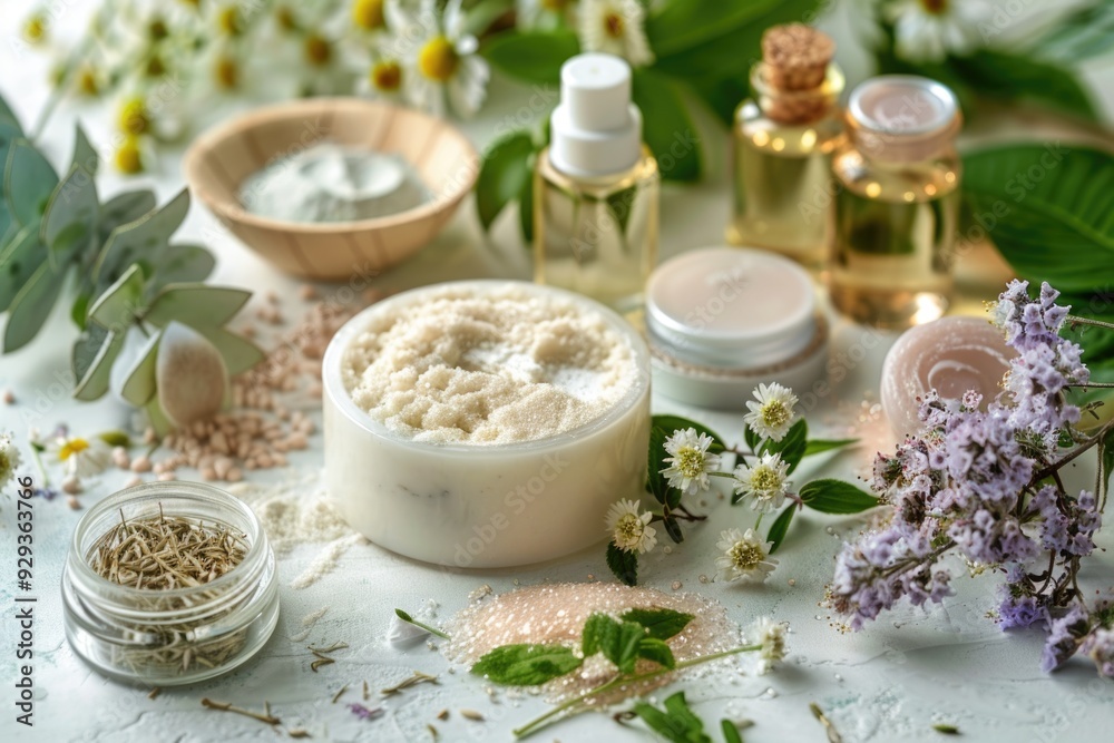 Poster various skin care products on a table display, ideal for use in advertising, tutorials or e-commerce