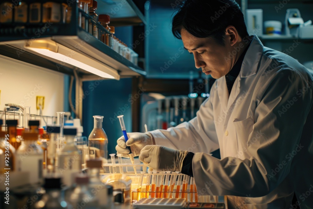 Poster a man in a lab coat working at a workbench with various equipment and chemicals