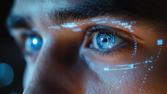 Closeup of a man's eyes with digital hologram overlays, showing a biometric security scan and identity recognition technology
