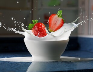 Strawberries falling into a bowl of milk and milk splashing around