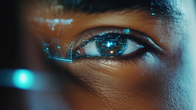 Closeup of a man's eyes with digital hologram overlays, showing a biometric security scan and identity recognition technology