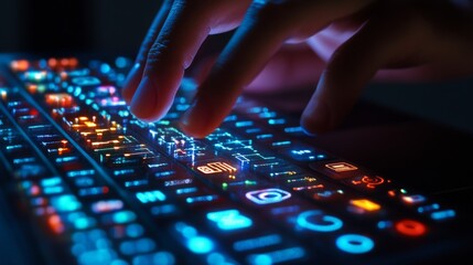 Fototapeta premium Hand on keyboard, tech icons floating