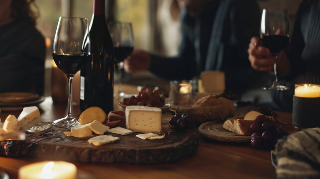 A cozy living room scene with friends tasting various wines and cheeses on a rustic board