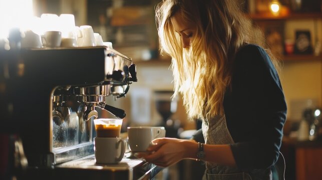 Lady making coffee close up.