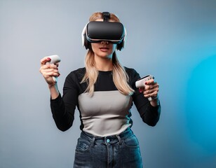 A person who feels like she is in a different dimension with virtual reality glasses