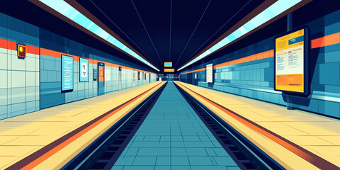 Parallel tracks in a metro station with an empty platform lined with signage and information boards, flat illustration