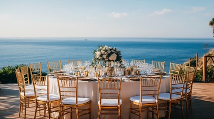 Fototapeta premium Wedding breakfast setup by ocean on sunny day with gold chairs
