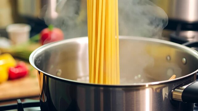 A hand elegantly holds spaghetti over a pot of boiling water, ready to transform it into a culinary masterpiece. Fresh ingredients surround the preparation area