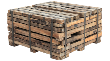 A stacked wooden pallet secured with metal bands, ideal for shipping or storage solutions in industrial settings. isolated on transparent background PNG