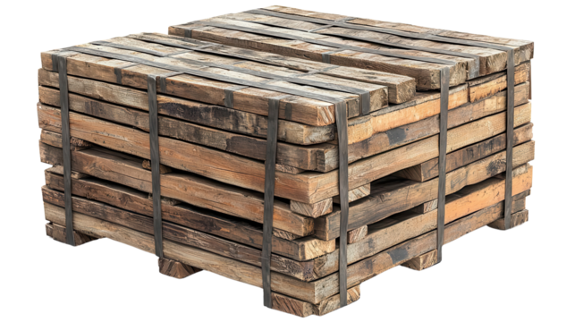 A stacked wooden pallet secured with metal bands, ideal for shipping or storage solutions in industrial settings. isolated on transparent background PNG