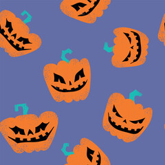 Cartoon pumpkins seamless pattern. Vector Halloween background. warm orange pumpkin with evil and smiling faces on purple background.