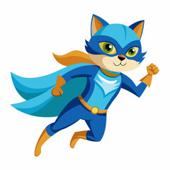 superhero cat with a blue cloak and mask flying, isolated on a white background. That funny animal in an action pose, sky