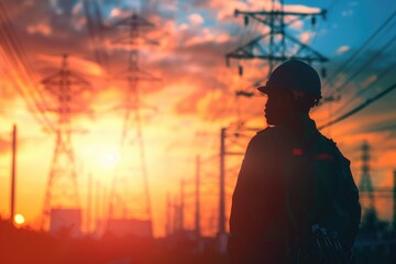 Fototapeta premium A person standing by electric transmission towers during golden hour