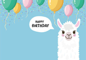 Llama with Balloons and Confetti - Happy Birthday Greeting Card Design © Anastasia Knyazeva