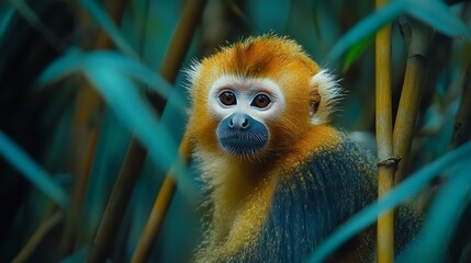 Fototapeta premium Close-up of a golden monkey's face peering through green bamboo stalks.