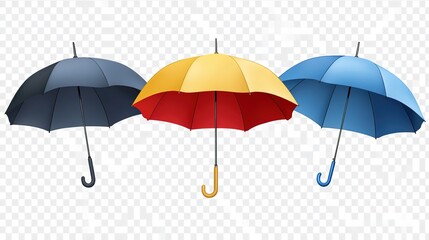 An arrangement of three open umbrellas in blue, yellow, and red, with handles, set on a transparent background, highlighting rain protection accessories
