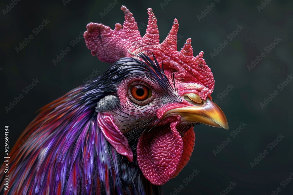 Poster a close-up view of a rooster's head on a black background