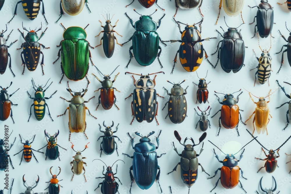 Poster a collection of variously colored bugs crawling on a surface