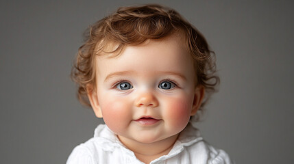 Naklejka premium A baby with curly hair and bright blue eyes smiles endearingly, showcasing innocence and joy in a simple, soft backdrop