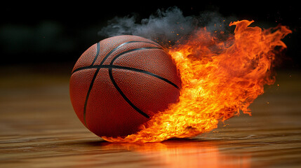 Fototapeta premium A basketball is rolling on the court, engulfed in flames, creating a dramatic and dynamic visual impact
