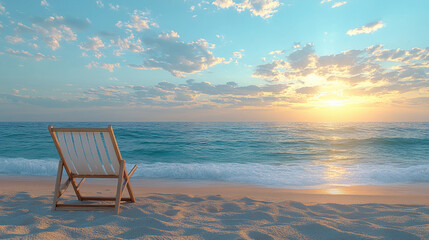 A wooden chair sits on the sandy beach as the sun sets over the horizon, casting warm colors across the sky and reflecting on the water