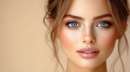 Fototapeta premium A young woman poses with a serene expression, highlighting her striking blue eyes and flawless skin under gentle lighting