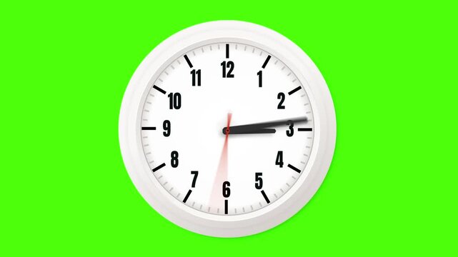 White Clock Face in time lapse on green screen background. Clock loop animation