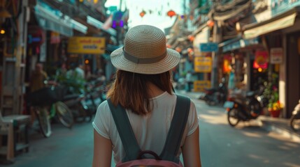 Obraz premium A woman wearing a hat walks down a busy street, a common scene from everyday life