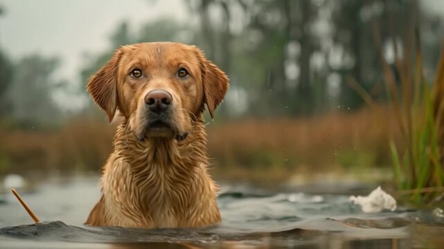 This wet Labrador Retriever stands in a body of water with a cloudy sky in the background. Hunting season