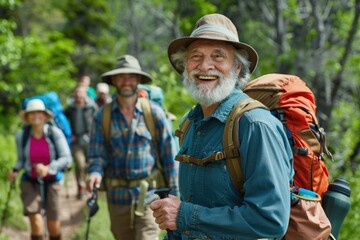 Fototapeta premium Group of people hiking through dense woods, possibly on a trek or adventure
