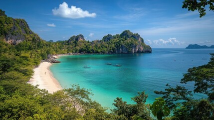 Naklejka premium A serene tropical beach with clear turquoise waters and lush green hills.