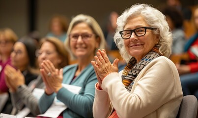 Fototapeta premium Audience Applauding in Amphitheater During Panel Discussion